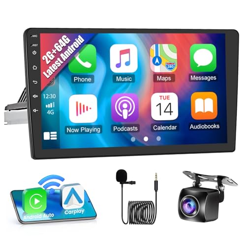 2+64G 10.1 Inch Single Din Car Stereo Wireless Carplay Android Auto,1 Din Touchscreen Car Radio with Bluetooth FM RDS Mirror Link 2 USB Car Multimedia Player Backup Camera