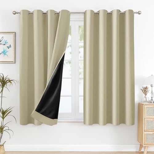 Image of Cloth Fusion 100% Blackout Window Curtains 5 Feet Long Set of 2 with Blackout Lining, Double Layer Room Darkening Parda with Stainless Steel Grommets for Home Decor (5x4 Feet, Creamy Beige)