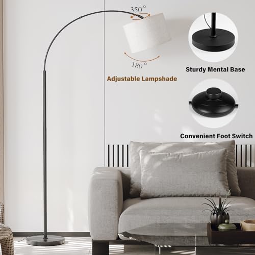 SUNMORY Arc Floor Lamp with 3 Color Temperature, Modern Floor Lamp with 9w A19 LED Bulb, 75″ Height Tall Lamp for Living Room with Hanging Drum Shade & Weighted Base. Arched Standing Lamp for Bedroom