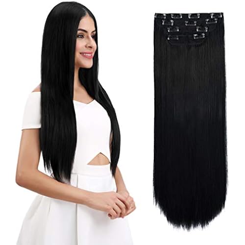REECHO 26" Straight Super Long 4 PCS Set Thick Clip in on Hair Extensions Natural Black
