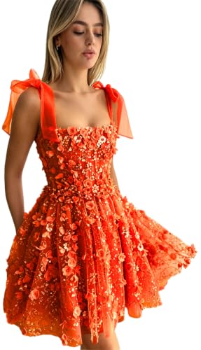 Image of Tdiatfm Lavender Short Homecoming Dress for Women 3D Flowers Sequin Bow Strap A-Line Formal Cocktail Party Mini Dress (US, Alpha, Large, Regular, Regular, Orange)