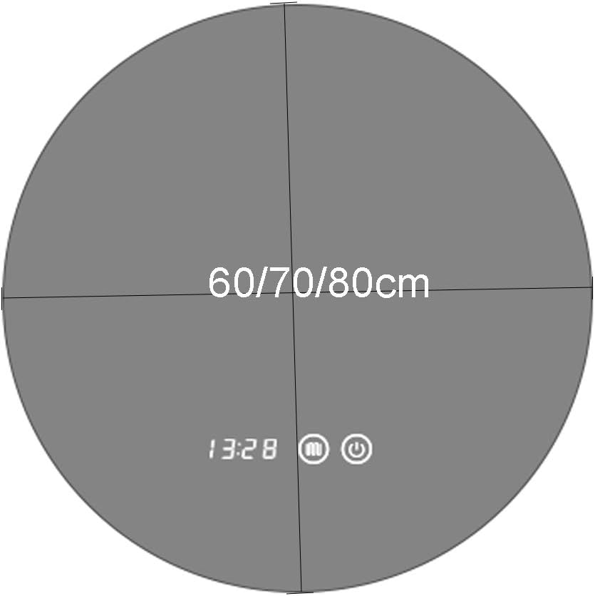 Diagram showing a circular mirror with lines indicating diameters for 60cm, 70cm, and 80cm sizes, along with the time and touch controls.