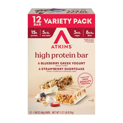 Atkins Blueberry Greek Yogurt & Strawberry Shortcake High Protein Bar, High Fiber, Keto Friendly, 12 Count (6 Bars Each Flavor)