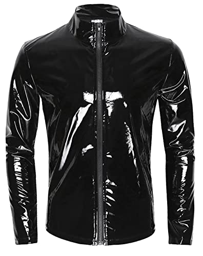 Image of AIEOE Men's Leather Metallic Shirts Shiny Slim Fit Stretch Top Wetlook Club Party Undershirts