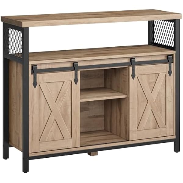 VASAGLE Kredens, szafka kuchenna, szafka do przechowywania, z 2 drzwiami przesuwnymi, 33 x 100 x 80 cm, regulowane półki, styl wiejski, do salonu, kolor naturalny-czarny LSC092B50