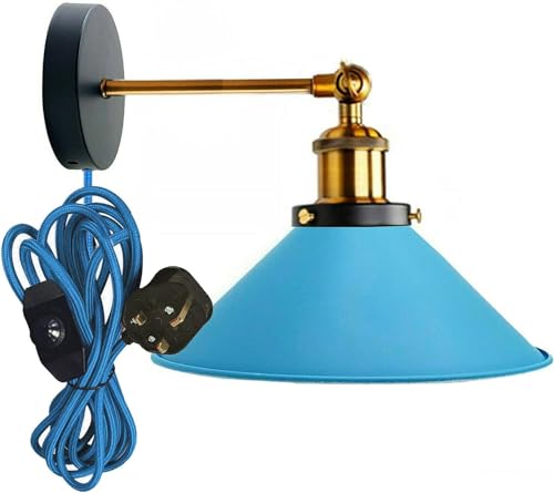 LEDSone Industrial Wall Sconce Adjustable Arm Light dimmer Switch Plug in 22cm Blue Metal Cone Lamp Shade with E27 Base Wall Lights for Restaurant Office and Indoor Home Decor