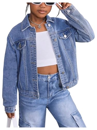 Floerns Girl's Long Sleeve Denim Jacket Button Up Collared Jean Jacket Outerwear
