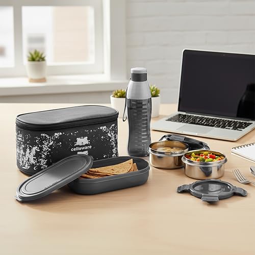 Image of CELLO Gemini Lunch Box Gift Set of 3 Pieces with Bag for Office Use, Grey | 300ml x 2 Steel Round Containers, 500ml x 1 Oval Container with 600 ml Water Bottle, Leak Proof Tiffin Set for School Travel
