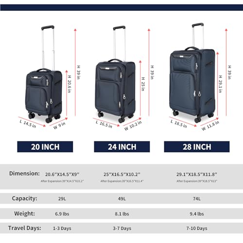 3-Piece Softside Expandable Luggage Set with Front Open Pocket, Lightweight and Durable Oxford Fabric Suitcase Set with TSA Lock (Blue, 20in/24in/28in)2