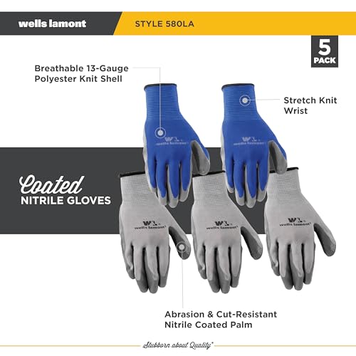 Wells Lamont Nitrile-Coated Work Gloves for Men – Abrasion & Cut Resistance – Lightweight & Breathable – Perfect for Construction, Automotive, Gardening - Blue/Grey, Large, 5 Pack