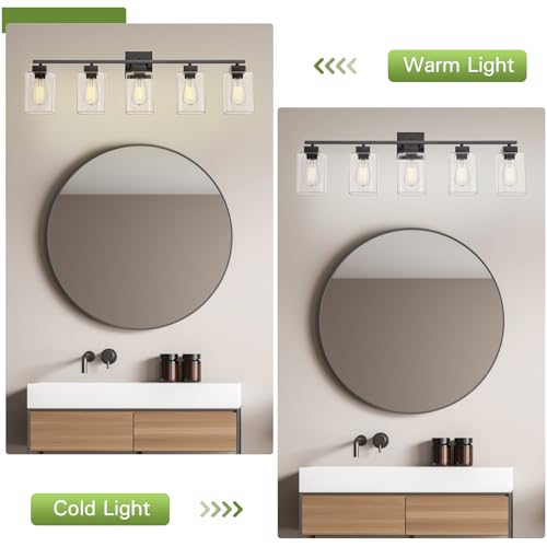 Image of 5 Light Bathroom Vanity Light - Matte Black Bathroom Light Fixtures Square Design & UL Certification, 31 Inch Black Bath Room Lighting Fixtures Over Mirror for Living Room & Bedroom & Restroom