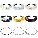 6-teiliges Damen-Turban-Stirnband, breites glattes Haarband, Stoff-Blumendruck-Stirnbänder mit 3 Unisex-Metall-Stirnbändern, elastische, verknotete Haarreifen, niedliche Haar-Accessoires für Mädchen