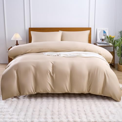 YIYEA 100% Viscose Derived from Bamboo Duvet Cover 600 Thread Count Cooling Comforter Cover Set for Hot Sleepers Silky Soft Breathable 3PC King Beige