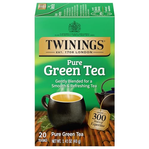 Image of Twinings Pure Green Tea Individually Wrapped Bags, 20 Count (Pack of 1), Smooth & Refreshing, Caffeinated, Enjoy Hot or Iced, 20 Teabags