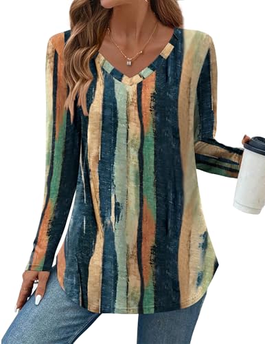 Zeagoo Womens Tops V Neck Long Sleeve Shirt Boho Tunic Blouse Loose Fit Striped Tee Top Fashion Cute Tshirts 2026 Work Top XXL