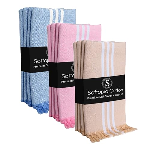 Image of Dish Towels Multicolors 12 Pack, 16x26 Inches, Stripe Kitchen Tea Towels, Reusable Cleaning Cloths, Absorbent Drying Rags for Daily Use, Machine Washable - Beige, Rose Pink, Sky Blue