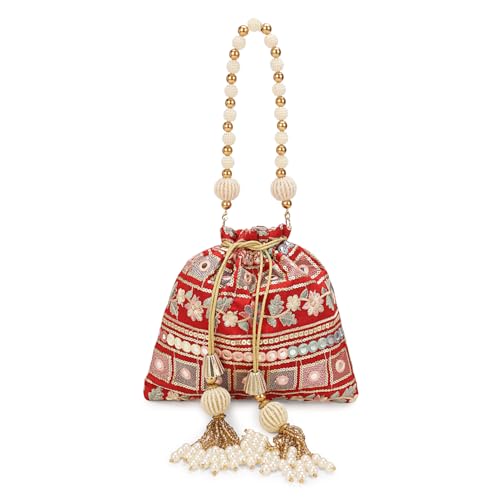 Image of LONGING TO BUY Indian Embroidered Pearl Potli Bag For Women, Sequence Design with Tassel, Wedding Potli Bags