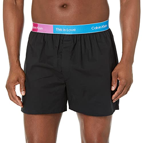Calvin Klein Men's This Is Love Pride Woven Boxer, Black W/Shocking Blue #TOP18