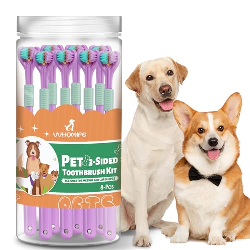 Image of Three-Sided Dog Toothbrush, Great Toothbrush for Large and Medium Dogs, Dog Tooth Brushing Kit for Cleaning Your Dog's Teeth, for Daily Care of Your Dog's Mouth. Purple, 8 Pcs L