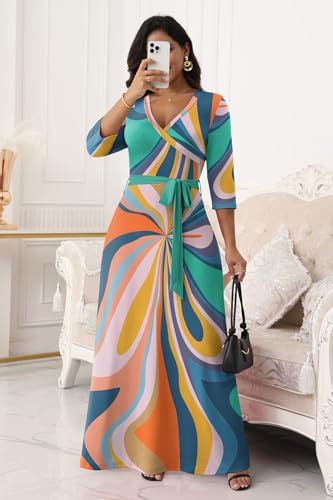 Image of FANDEE Plus Size Maxi Dress for Women Casual Summer Sundress V-Neck 3 /4 Sleeve
