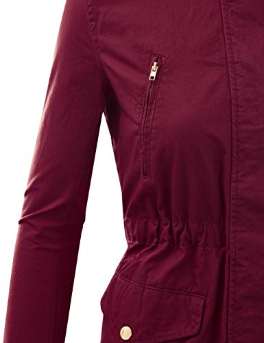 FASHION BOOMY Women's Zip Up Safari Military Anorak Jacket with Hood Drawstring - Regular and Plus Sizes Small H-24-BURGUNDY - Thumbnail 7