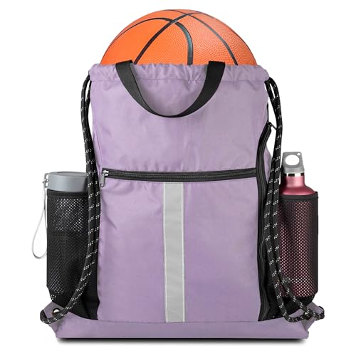 BeeGreen Lilac Drawstring Backpack Bag Gym Sports Backpack with Shoe Compartment and Two Water Bottle Holder for Women Men Large String Athletic Sackpack Workbag