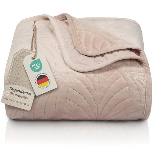 Gräfenstayn Premium Tagesdecke 200x220 cm – Bettüberwurf mit Nahtloser Steppung & Blatt-Design – Samt-Decke – weich, knitterfrei &...