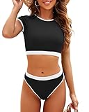 Jolefile Two Piece Swimsuits for Women High Neck Tankini Bathing Suits Tummy Control Ribbed Swim Suits for Teens Girls