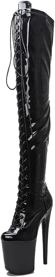 Women's Over The Knee Pole Dance Thigh High Heel Boots Patent Leather Zip Lace Up Fashion Platform Sexy Party Round Toe Stiletto 8 inch Exotic Heels