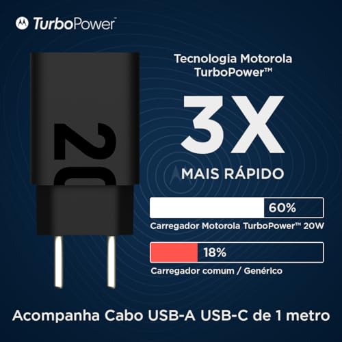 Motorola, Carregador Turbo Power 20W, Cabo 1 Metro, Porta USB-A, Cabo USB-C