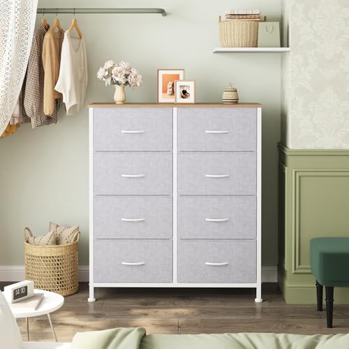 Image of OLIXIS 8 Drawer Storage Dresser for Bedroom, Closet Organizers Units | Fabric Dresser with Wooden Top, Chest of Drawers Clothes Storage, Tower Cabinet, TV Stand Furniture, Light Grey