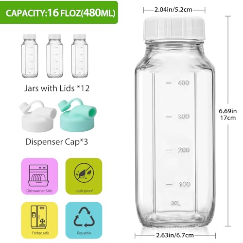 Image of CUCUMI 12 Pack 16 Oz Glass Milk Bottles with Lids, Glass Juice Bottles with Scale & Silicone Pour Spout, Reusable Juice Containers Square Drinking Jars for Milk, Coffee, Smoothies, Water