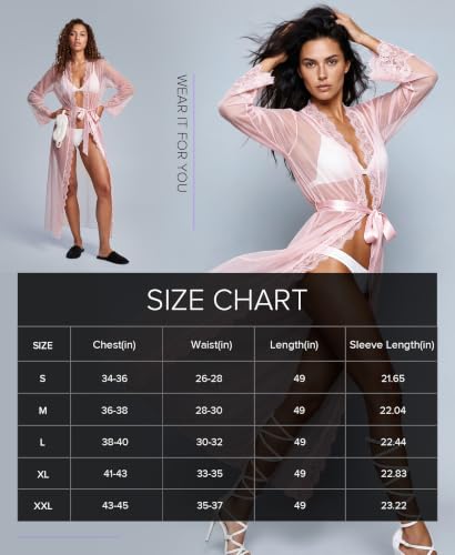 Image of RSLOVE Lingerie for Women Sexy Long Lace Kimono Robe Mesh Chemise Lace Gown Swimsuit Cover Up