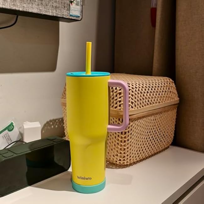 40 oz Tumbler with Handle and Straw for Her, Flexible Straw, Insulated Tumbler Cups with Silicone Bottom, Keeps Beverages Cold Up to 24 Hours, Gym/Work/Travel/School/Gift£¨Lemon Yellow£©
