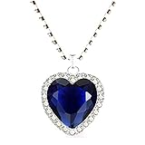 Large Blue Crystal Heart Necklace with Crystal Chain Jewelry Gift Silver Plated