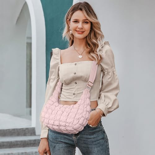 Small Puffer Crescent Shoulder Bag for Women Quilted Puffer Purse Nylon Puffy Handbag Pink3