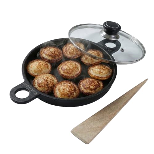 Image of EARTHFIT Cast Iron Appe Pan with Lid and Spatula, Paniyaram Pan, 9 Pit Twin Handle, Durable Paddu Maker Cookware for Traditional South Indian Dishes