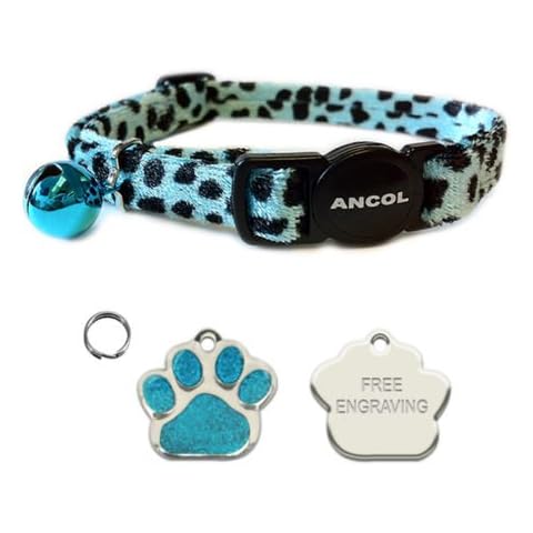ANCOL Cat Turquoise Leopard Print Quick Release Collar With Engraved Paw Print Shaped Glitter Cat ID Tag Cover