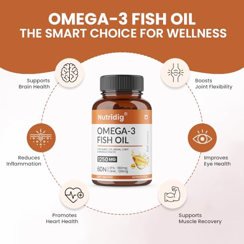 NutriDig® Omega-3 Fish Oil 1250 mg | 180mg EPA & 120mg DHA per Softgel | High Absorption for Heart, Brain, Eye, Joint & Skin Health | 60 Softgels