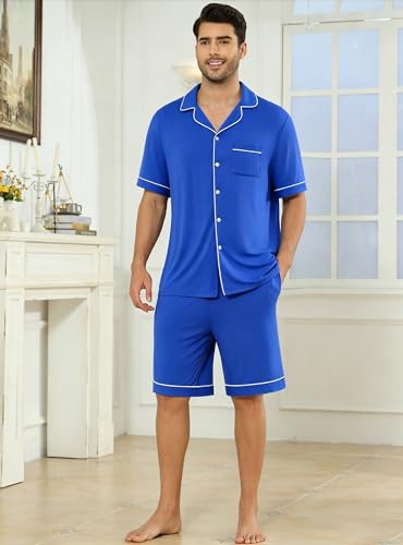 Image of Veseacky Men's Button Down Pajama Set Short Sleeve Shorts Modal Soft Sleepwear Loungewear Pjs with Pockets S-XXL