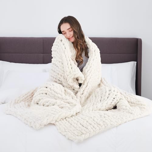 Image of L'AGRATY Chunky Knit Throw Blanket for Couch, 72'' x 84'' Knit Throw, Ivory