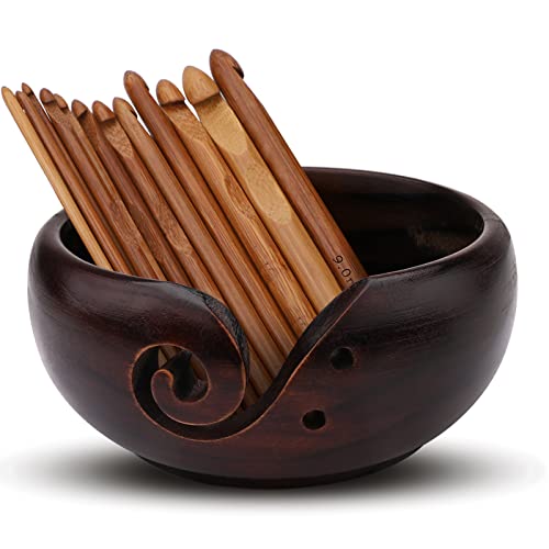 Gukasxi Cuenco de hilo de madera con 12 agujas de ganchillo de bambú, de madera, cuenco de lana de madera, con ganchillo, de 3 mm hasta 10 mm para ganchillo de punto DIY Cover