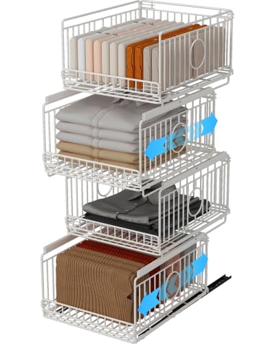 Ornestia 4 Pack Sliding Stackable Closet Organizer Storage Basket,White