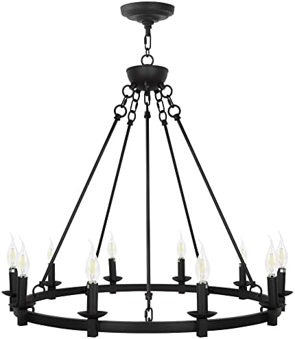 Wagon Wheel Chandelier with 10-Light Candlestick Socket, Black Farmhouse -Rustic Vintage Round Lighting Fixtures for Living Room, Dining Room, Kitchen Island, Foyer & Stairwell