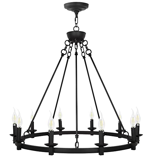 Wagon Wheel Chandelier With 10-Light Candlestick Socket, Black Farmhouse -Rustic Vintage Round Lighting Fixtures For Living Room, Dining Room, Kitchen Island, Foyer & Stairwell #TOP3