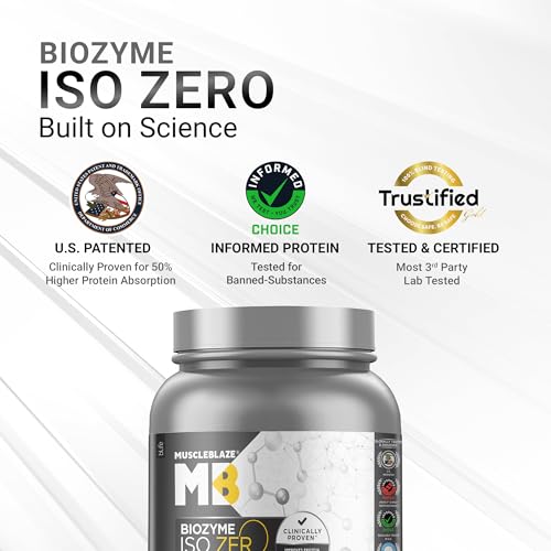 Image of MuscleBlaze Biozyme Iso-Zero Whey Protein Isolate Powder, 500g (1.1lbs) | Ice Cream Chocolate | 27g Whey Protein Per Scoop | USA Patent-Published Enhanced Absorption Formula (EAF)