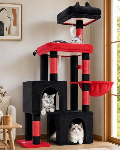 Image of Globlazer 52in Gothic Cat Tree for Indoor Cats, 2 Condos, S52, Black Red | Multi-Level Plush House, 5 Sisal Scratching Posts, 2 Padded Top Perches, Big Metal Basket, Stable Enlarged Base