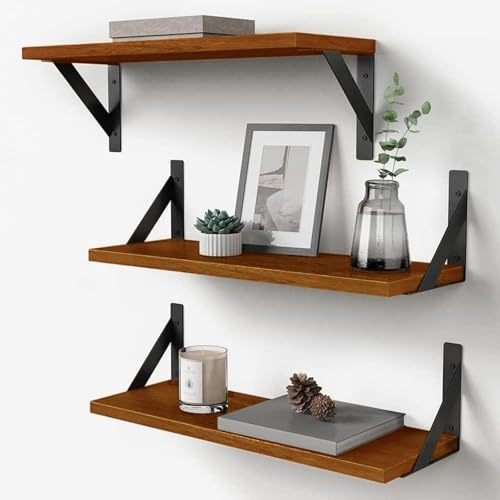 Forbena Walnut Brown Wall Bookshelf for Bedroom, Wooden Floating Book Shelves for Office, Small Wall Shelving Unit for Living Room Nursery Kitchen Bathroom Kids Room (Walnut Color)