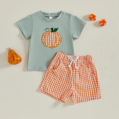 Toddler Boy Halloween Outfit Pumpkin Embroidery Short Sleeve Shirt Plaid Shorts Toddler Boy Halloween Clothes 2T 3T 4T3
