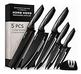 Home Hero 5-Piece Kitchen Knife Set with Protective Sheaths & 2-Stage Sharpener, Black Stainless Steel Chef, Bread, Carving, Utility & Paring Knives